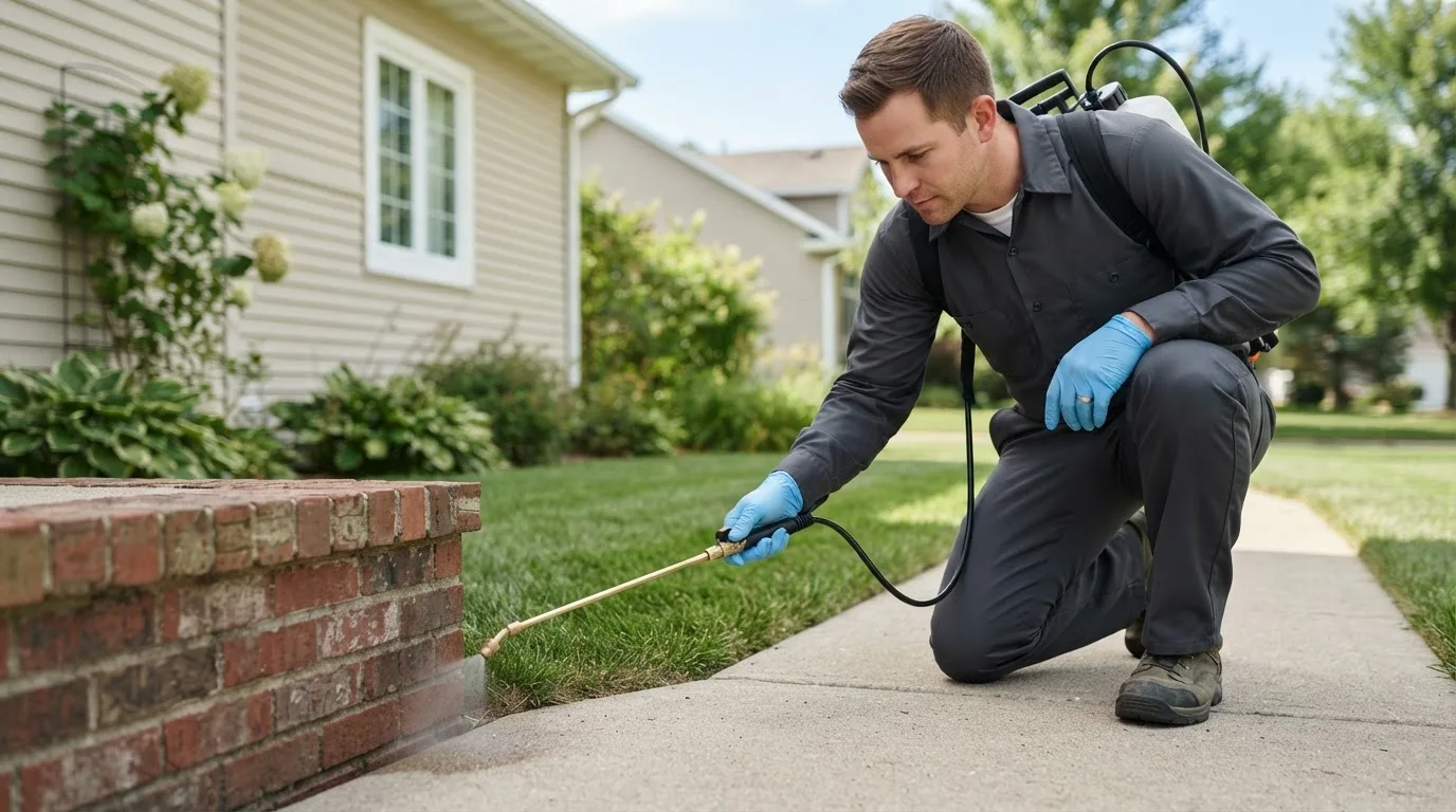 Pest control technician treating a home near Pompton Lakes, NJ